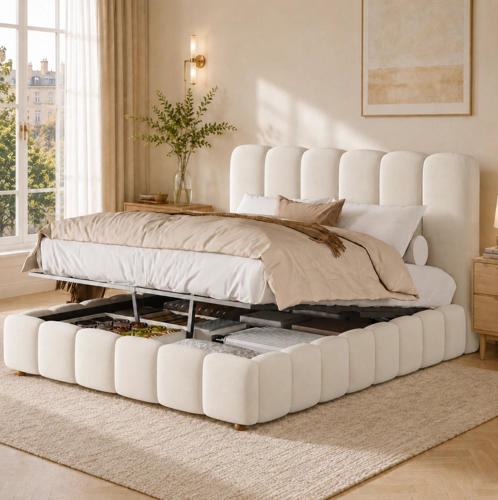 Letto matrimoniale contenitore 140x190 cm con sollevamento idraulico; velluto beige