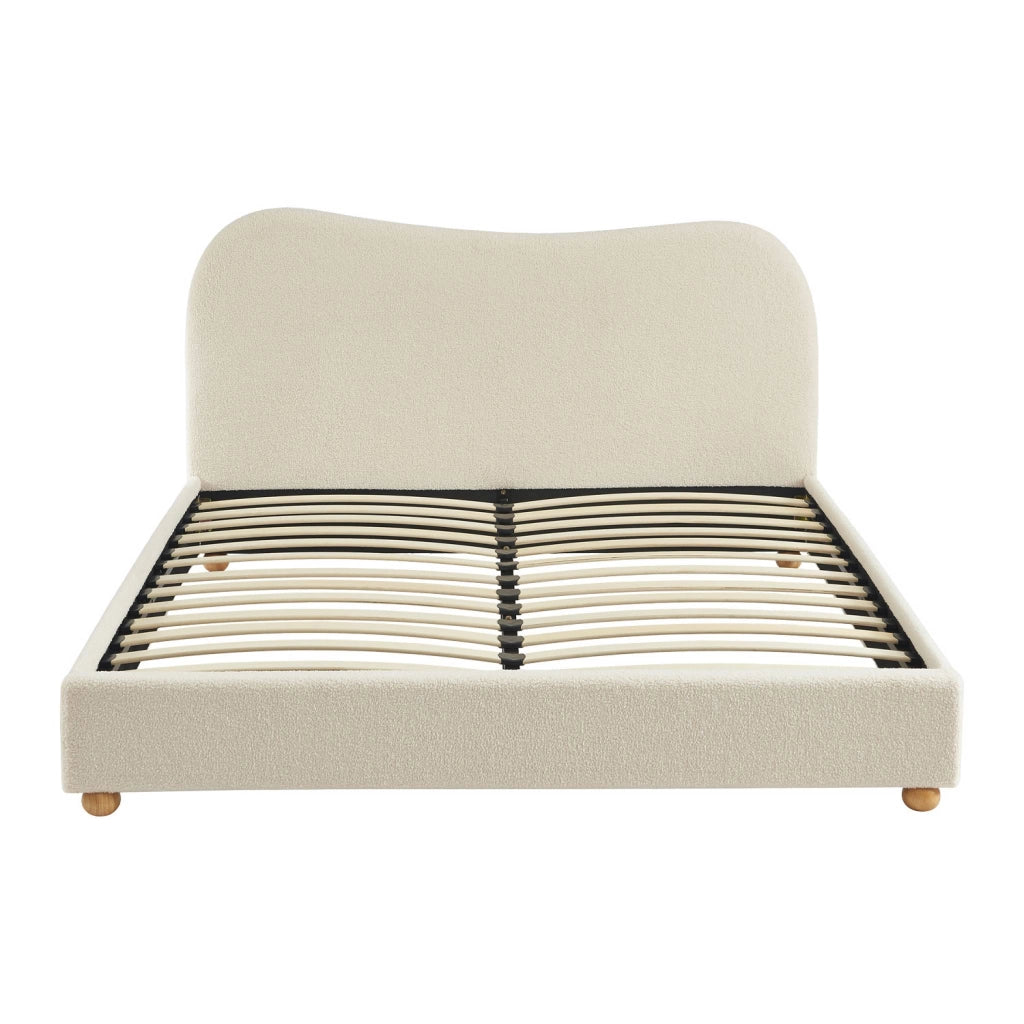 Letto con rete a doghe e testiera, bianco con finitura bouclé, bianco