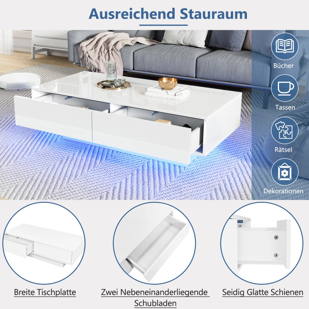 Tavolino da caffè bianco lucido 115 x 55 x 34 cm con 2 cassetti e LED