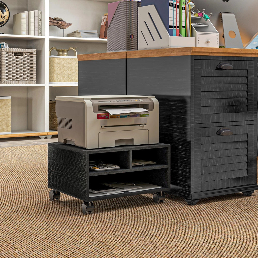 Mobile Porta Stampante a 2 Ripiani in Legno con Ruote per Ufficio e Studio, 47x40x22.5cm, Nero