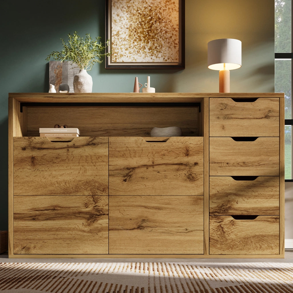 Credenza in MDF effetto rovere con 4 cassetti e 2 ante