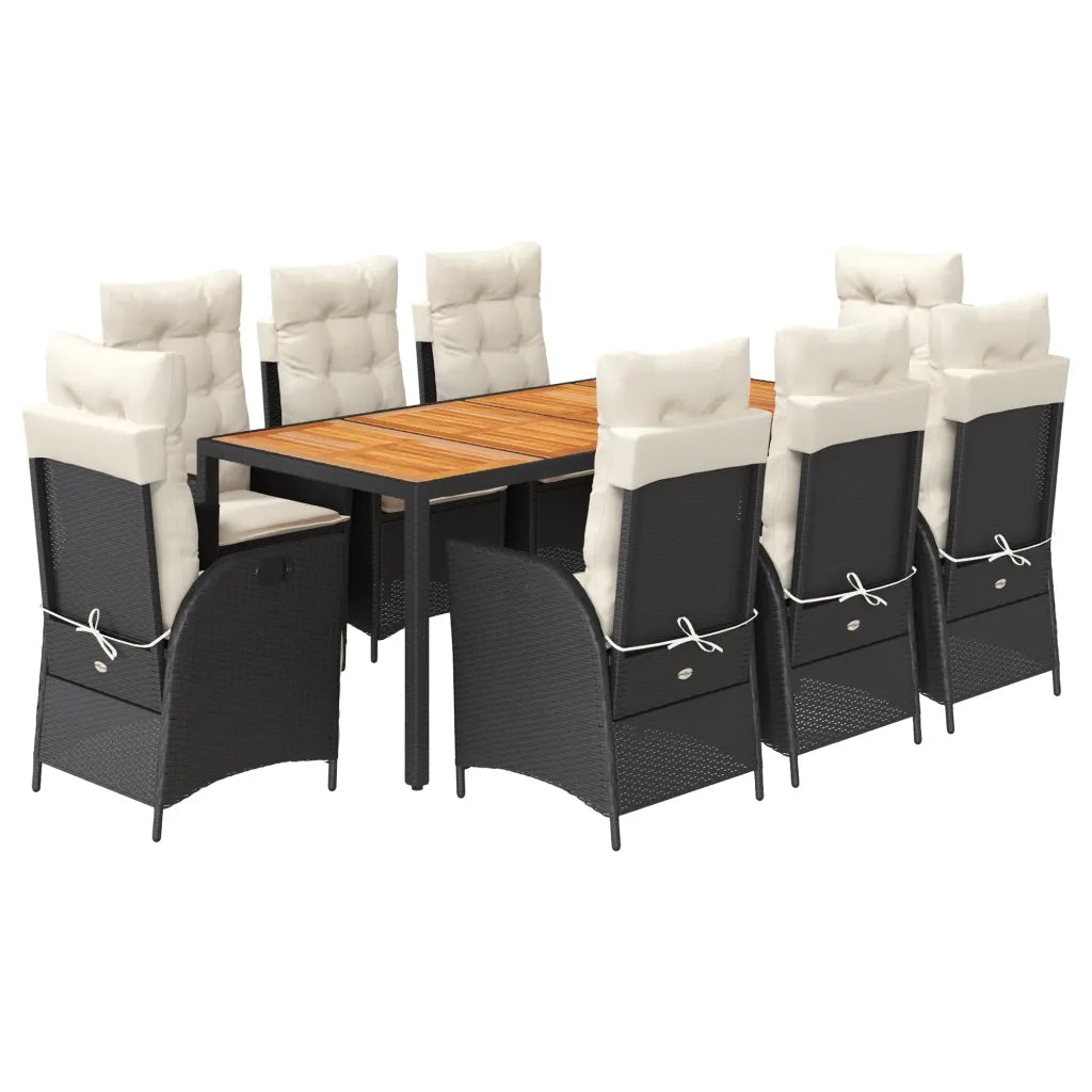 Set da Pranzo da Giardino 9 pz con Cuscini Nero in Polyrattan