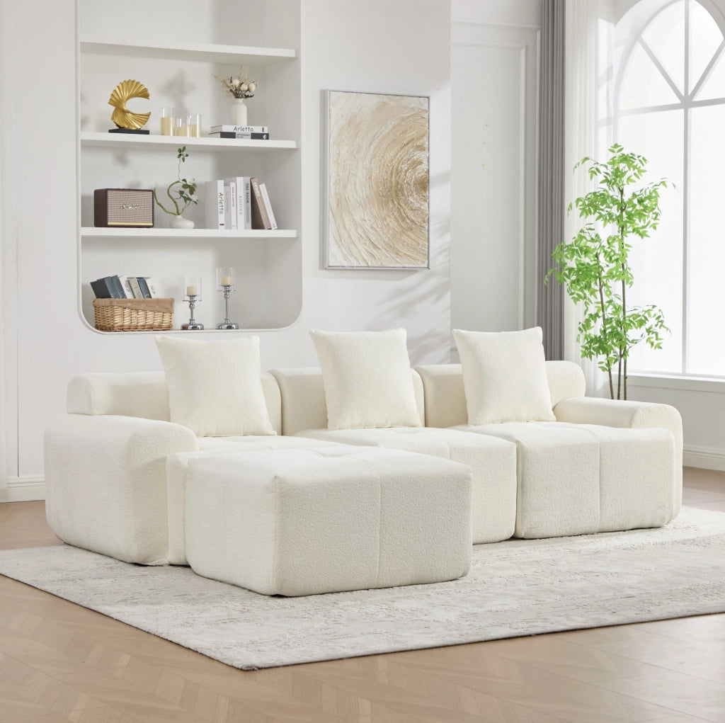 Divano angolare modulare 268x174x81 cm beige con pouf, tessuto e memory foam,