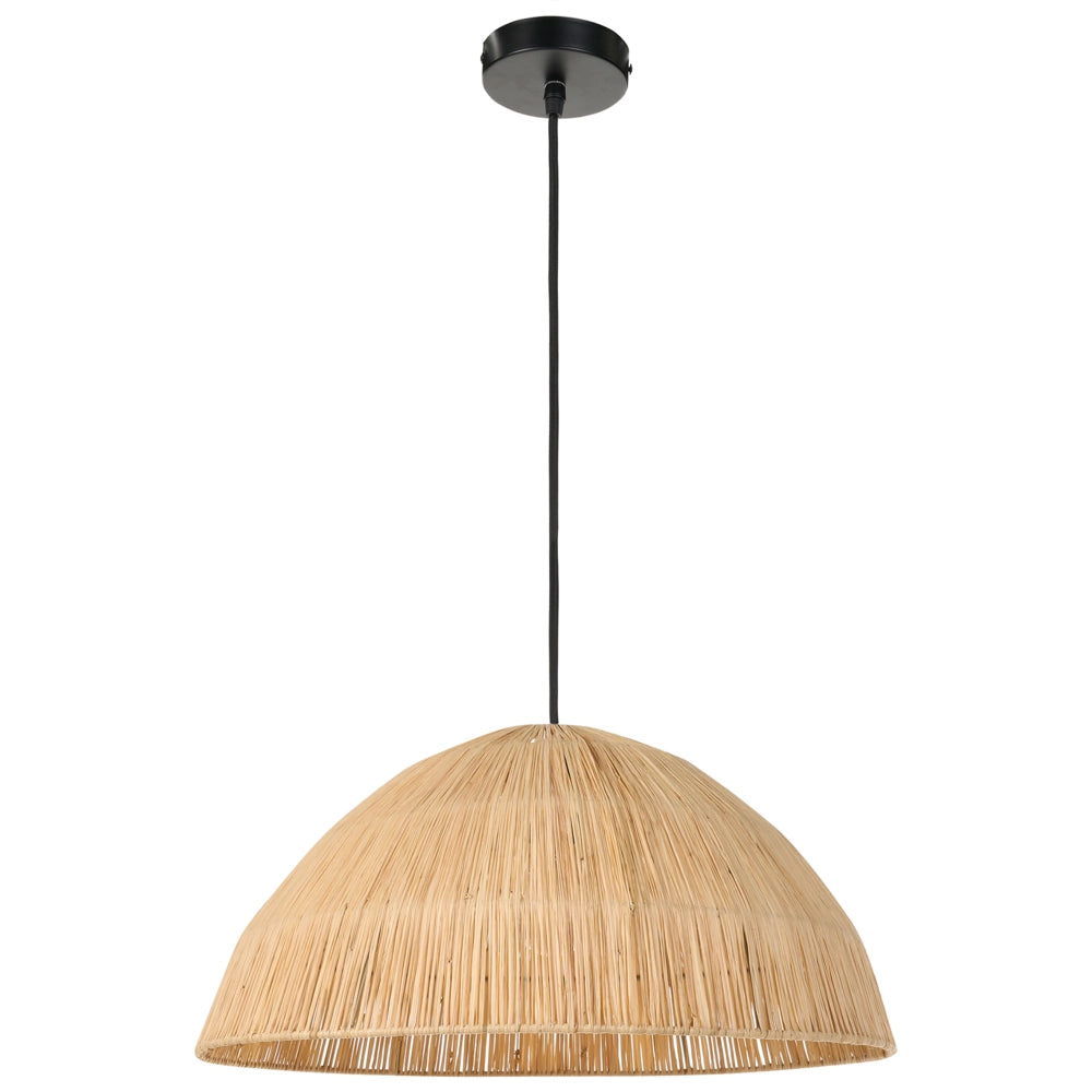 Lampada a sospensione con paralume in paglia naturale intrecciata a cupola, stile boho-japandi