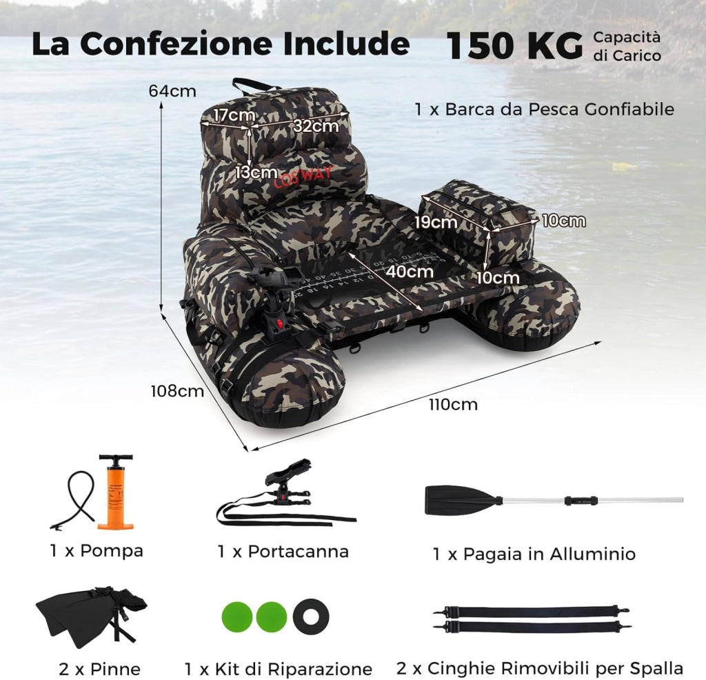 Galleggiante da Pesca Gonfiabile, Barca da Pesca Portatile con Spallacci, Pompa Manuale, Remi, Pinne, Supporto per Canna da Pesca, Righello per Pesci e Spazi di Stoccaggio, Portata 150 kg
