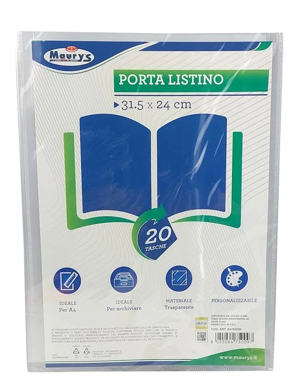 MAURY'S PORTA LISTINO CON 20 TASCHE 31,5 X 24 CM TRASPARENTE PERSONALIZZABILE