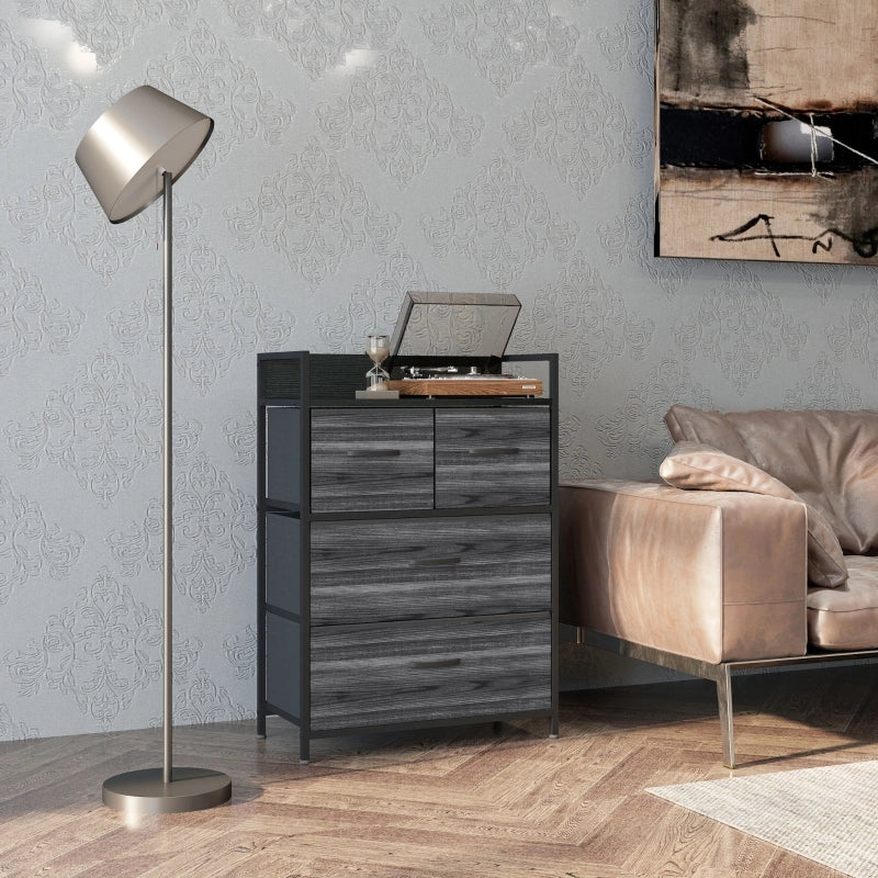 Mobile contenitore con 4 cassetti in tessuto, ripiano superiore, stile industriale, per soggiorno, nero, 60 × 29 × 85 cm