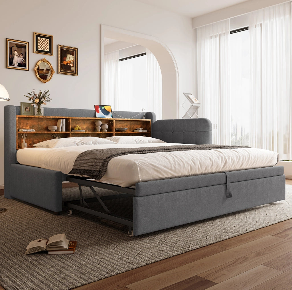 Letto estraibile 90x200 cm grigio con USB-C, vani portaoggetti e rete