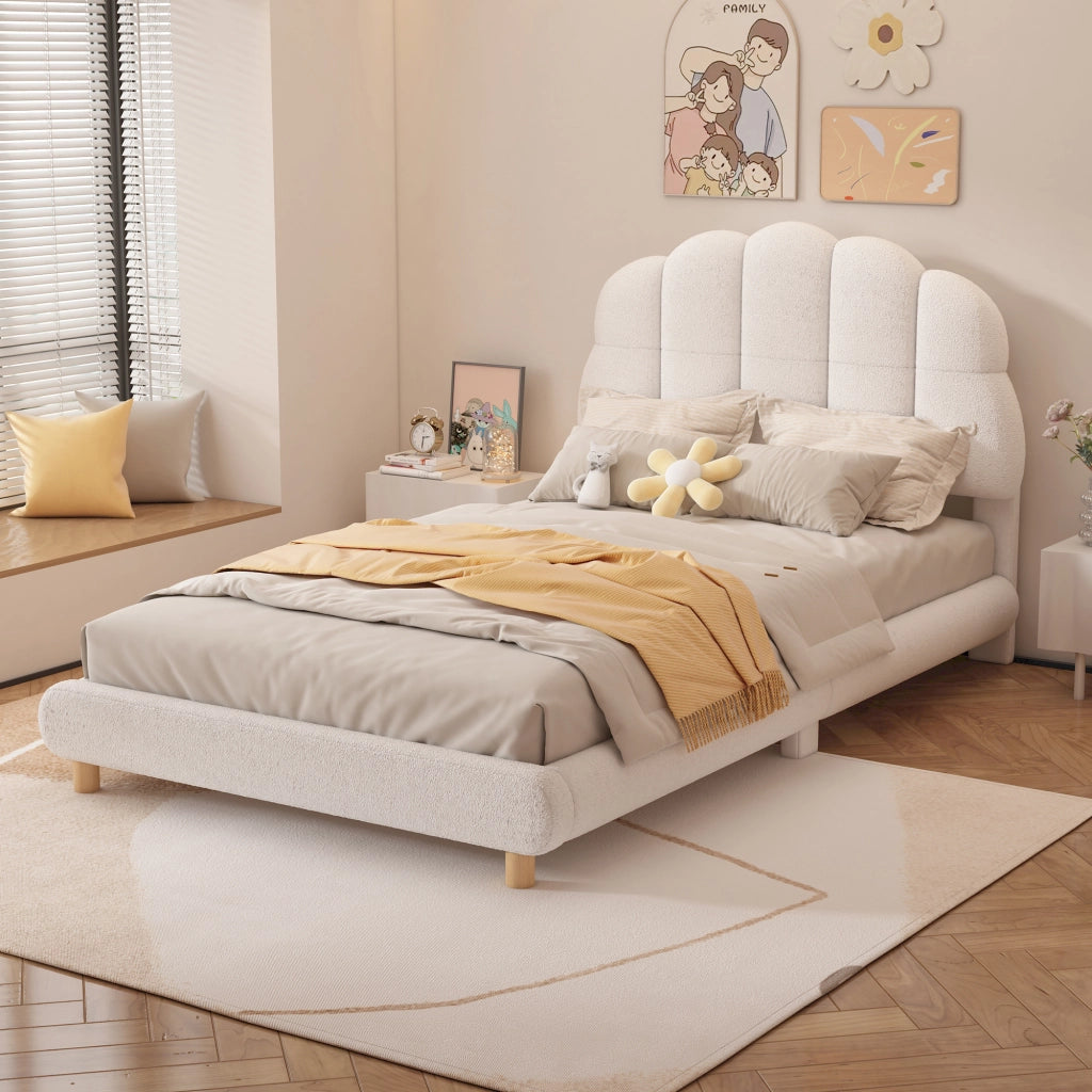 Letto per Bambini 90 x 200 cm; Letto Singolo con Testiera Imbottita; senza Materasso; in Peluche; Bianco