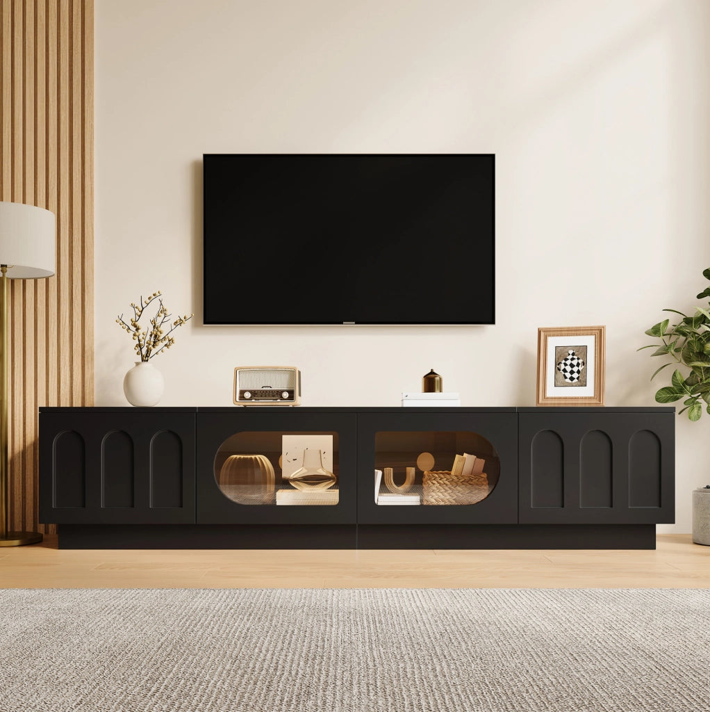 Mobile TV basso con LED APP; 200x40x42 cm; MDF e truciolare; nero