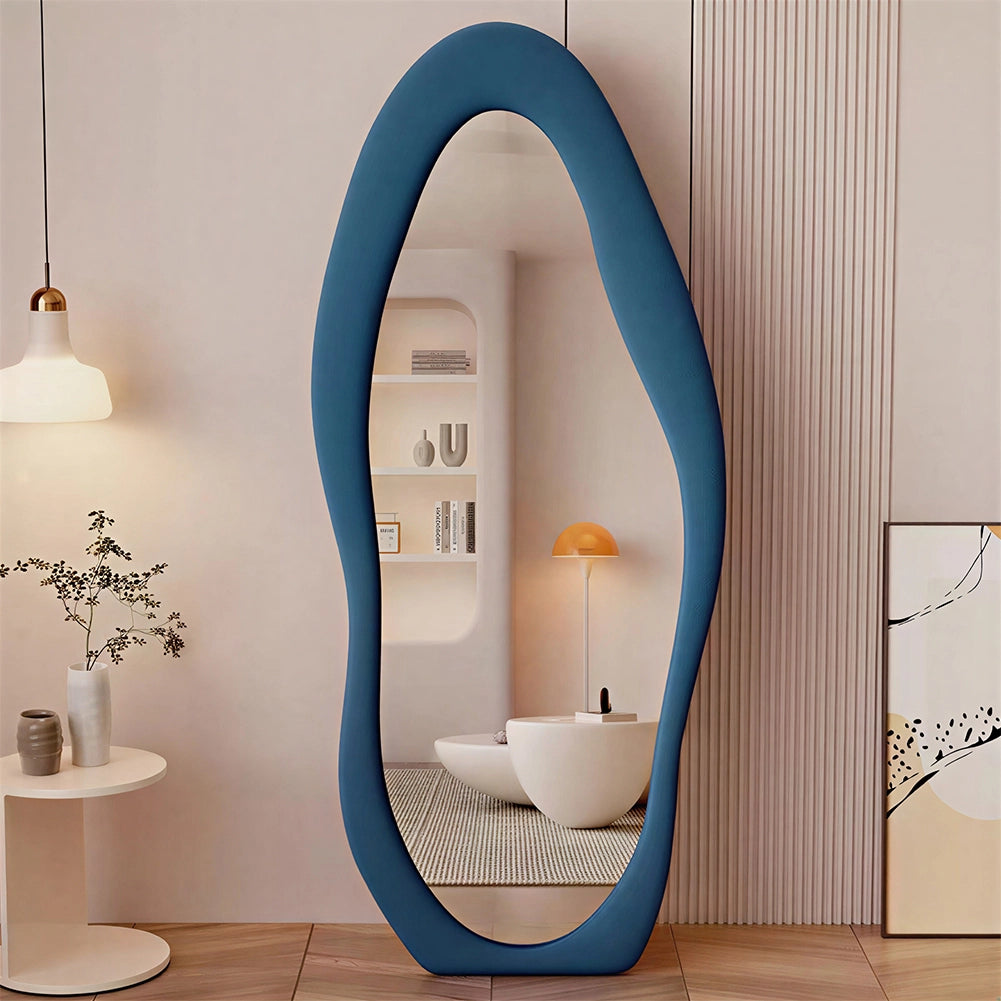 Specchio Grande Ondulato con Cornice Rivestimento in Velluto Blu 60 x 160 cm