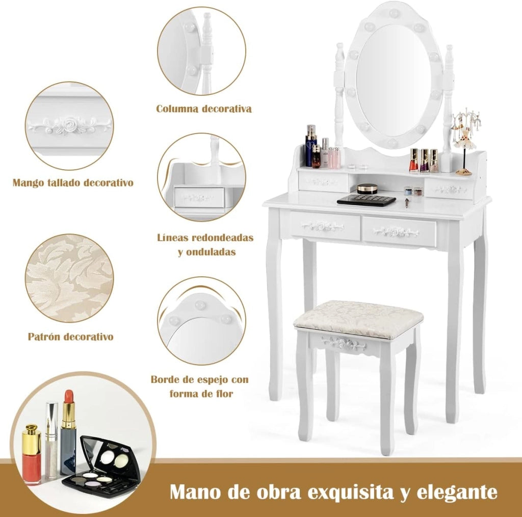 Toeletta Trucco con Specchio Girevole, 10 Luci LED, Luminosità Regolabile, Postazione Trucco con Sgabello e 4 Cassetti, Tavolo da Trucco Scrivania Camera da Letto, 146x75x40cm (Bianco)