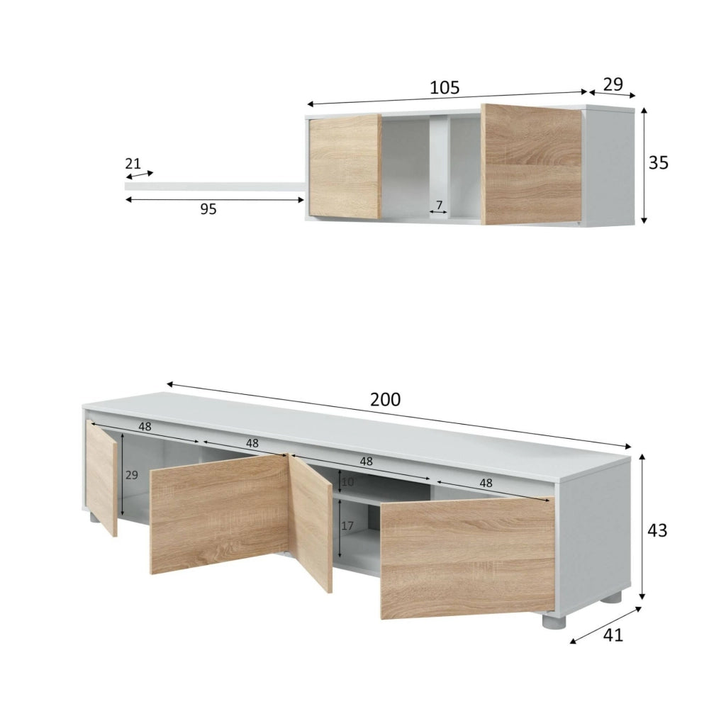 Mobile Soggiorno Amir, Parete Attrezzata 4 Ripiani, 200x41x43h cm Bianco