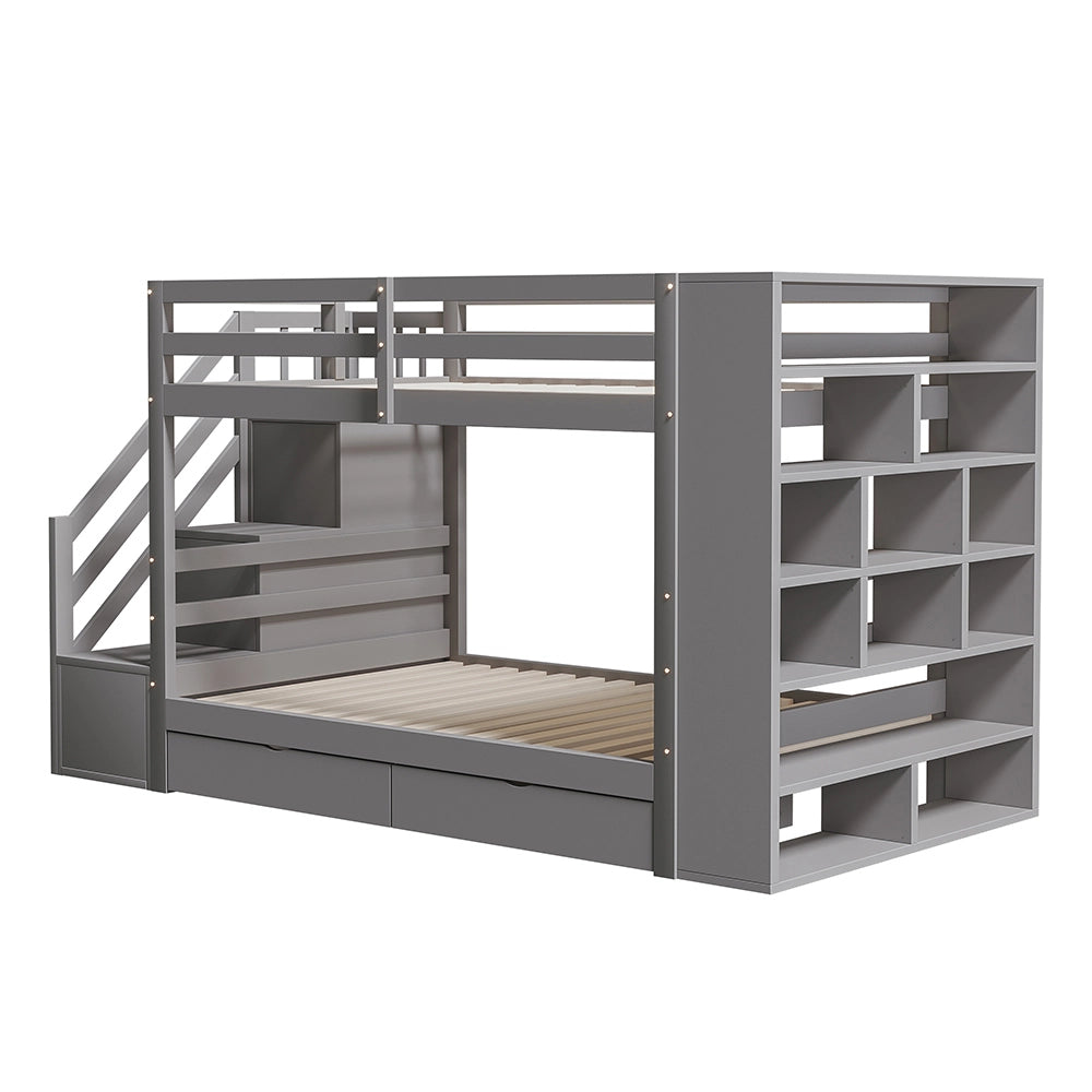 Letto a castello 90x200 cm - Xylo - Grigio con scala di sicurezza e cassetti
