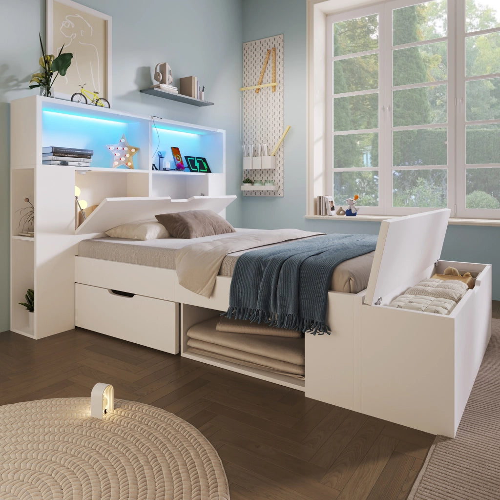 Letto in legno bianco con illuminazione a LED e USB cassetti 90x200 cm