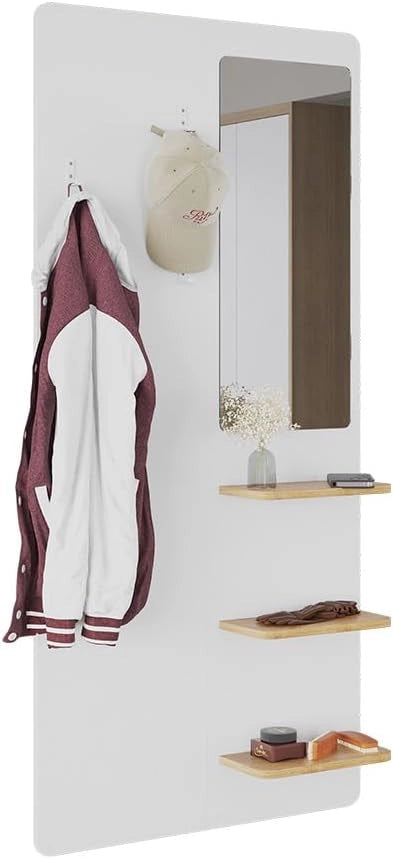 Appendiabiti da parete Jochen, Bianco/quercia, 70 x 150 cm con specchio, da parete con ripiano per scarpe e borse