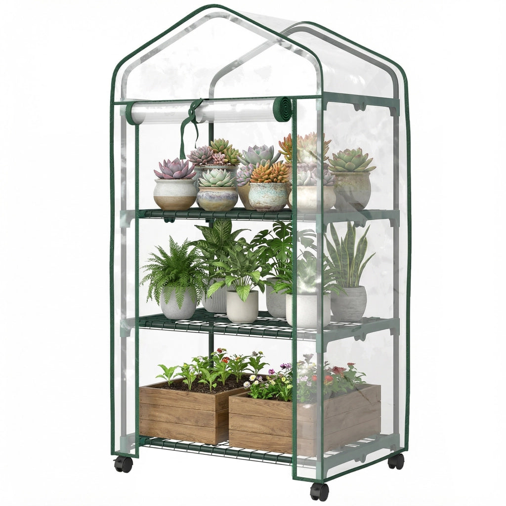 Serra da giardino con 3 ripiani, copertura in PVC, porta a rullo ¨C zephmum ¨C trasparente 69x49x130 cm