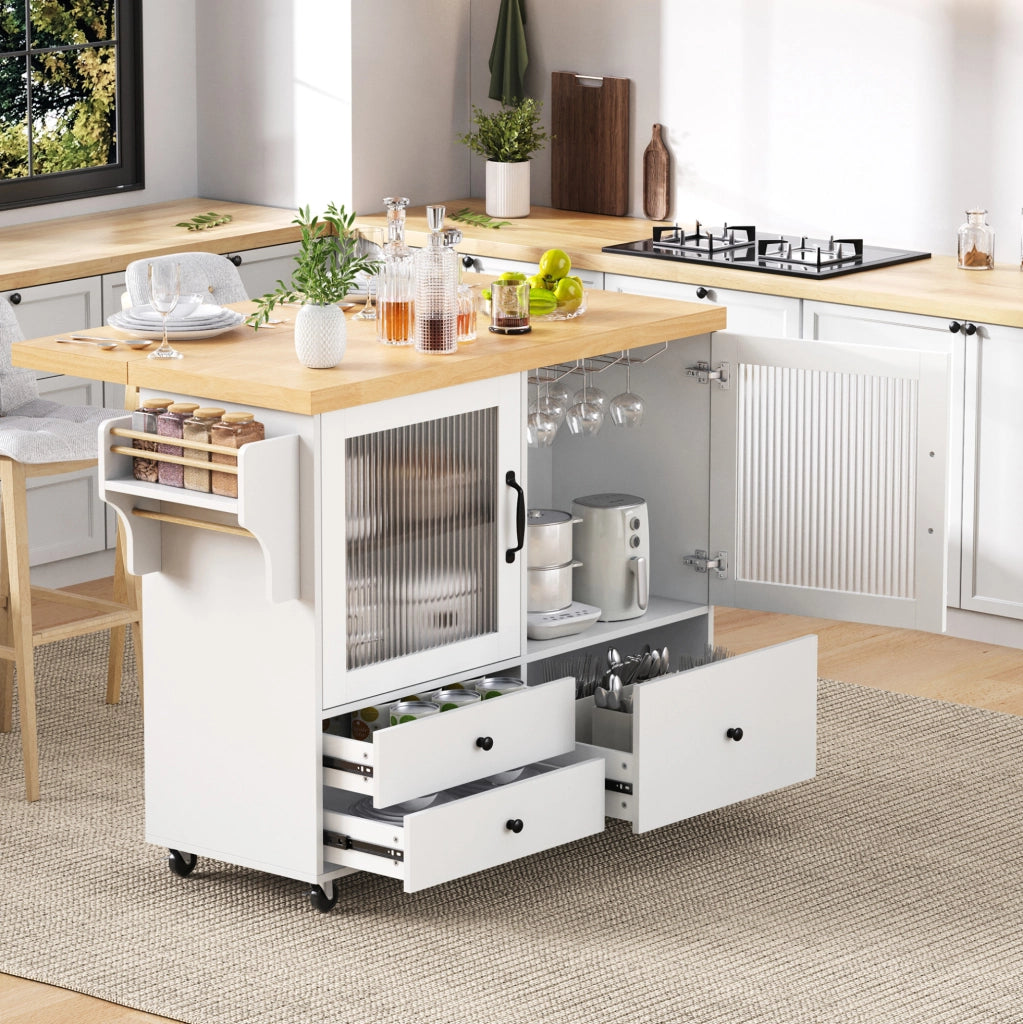 isola cucina mobile bianca e legno con piano estensibile, ripiani e ruote