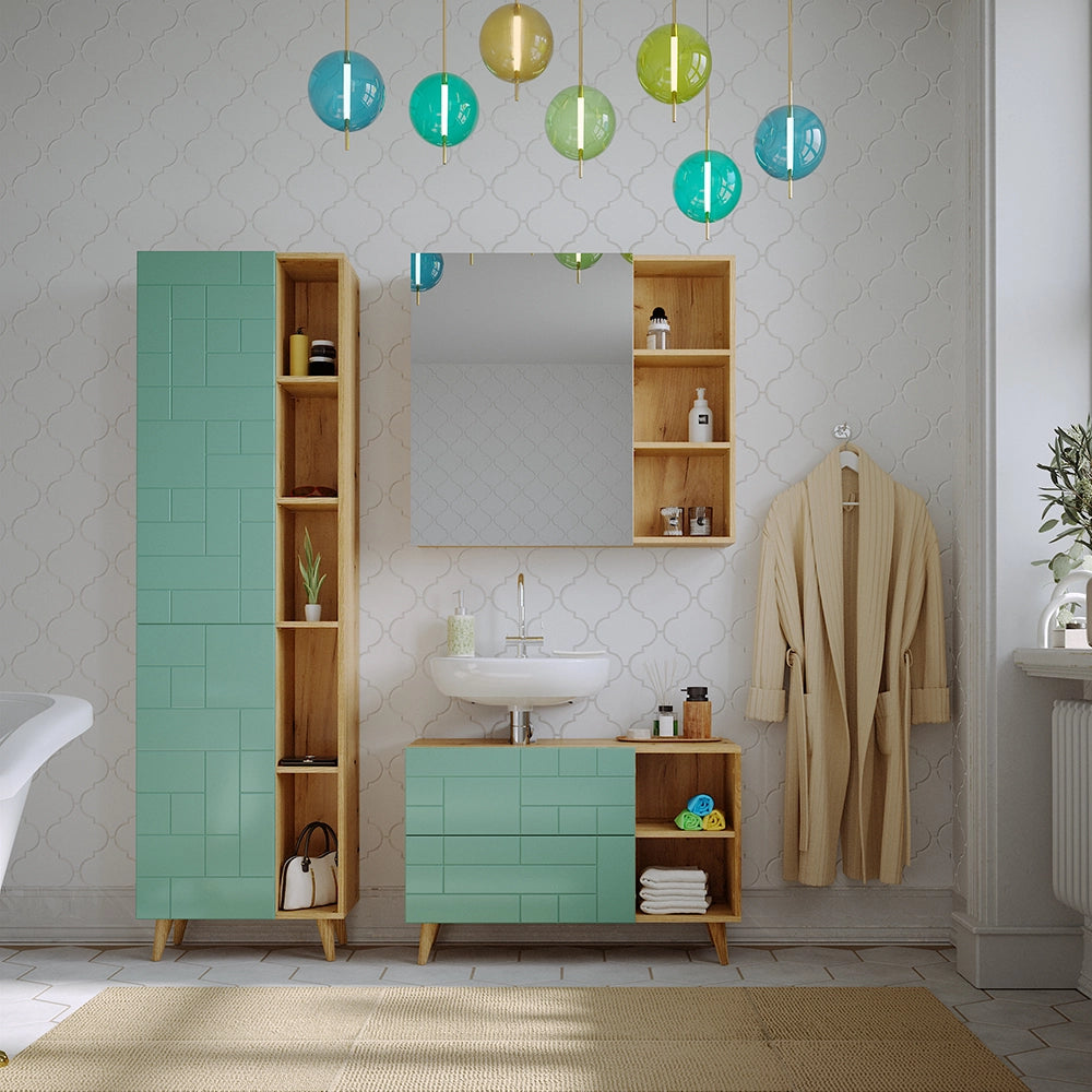Vicco Set di mobili da bagno Verde menta 3 parti, con colonna
