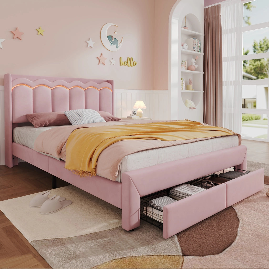 Letto imbottito per bambini 140 ¡Á 200 cm in velluto rosa con 2 cassetti e LED controllata tramite app