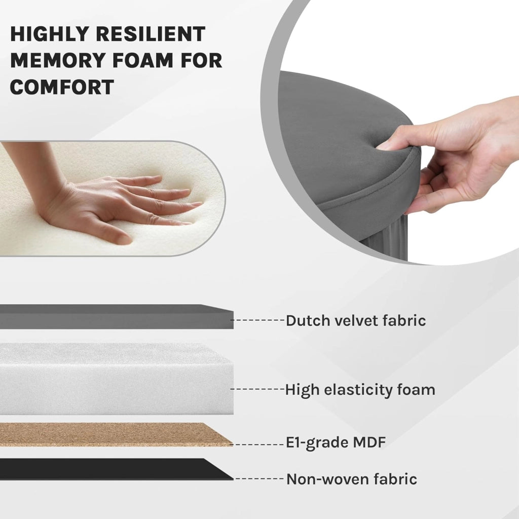 Pouf Sgabello con Contenitore Rotondo, Poggiapiedi per Divano, Pouf Basso Pieghevole, per Soggiorno, Camera da Letto, in Velluto, φ38xH36cm, Grigio Scuro