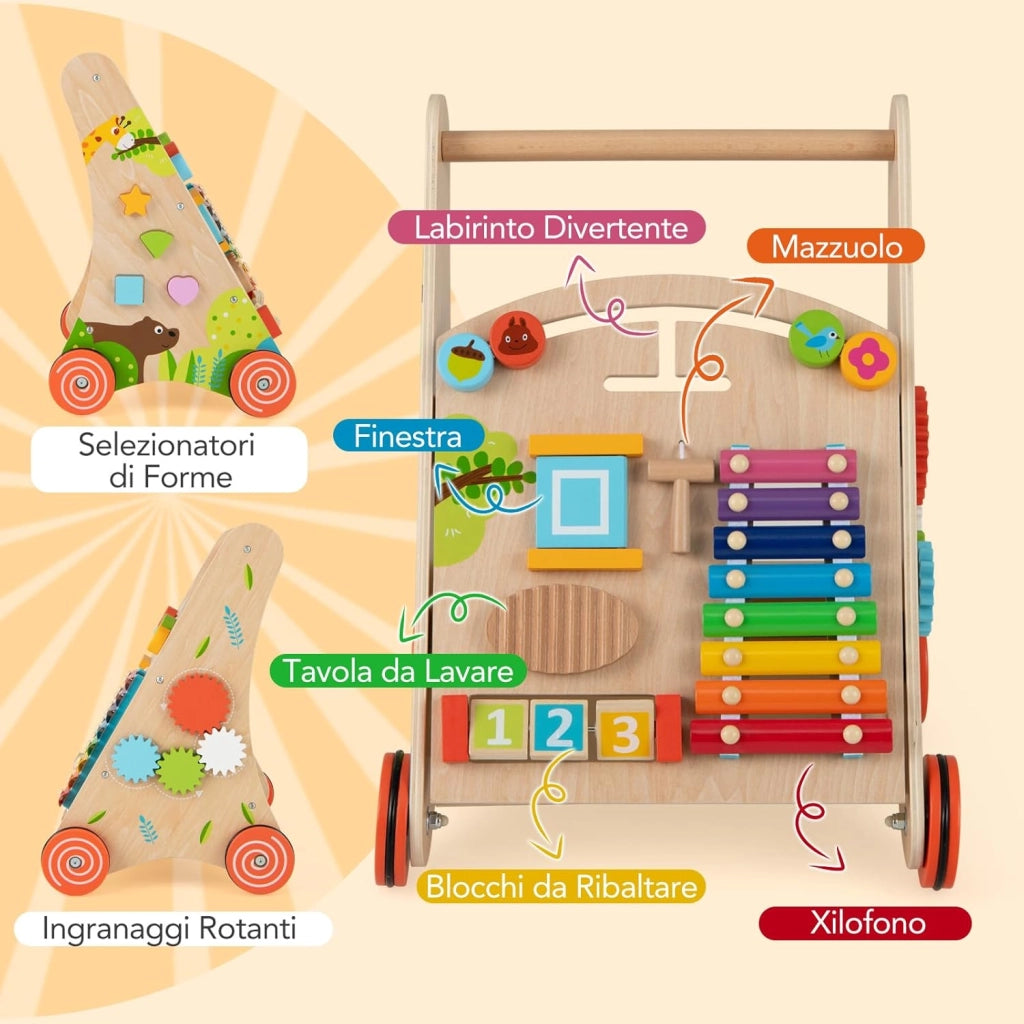7 in 1 Girello per Bambini in Legno, Carrellino Primi Passi con Manico, Contenitore e Ruote, Giocattolo Montessori da Spingere e Tirare, Gioco Educativo per Bambini 3 + Anni (Modello 2)