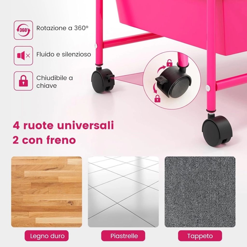 Carrello con 15 Cassetti Impilabili, Carrello di Stoccaggio con Ruote, Carello Portaoggetti per Casa e Ufficio, 63 x 37 x 87 cm (Rosa scuro)