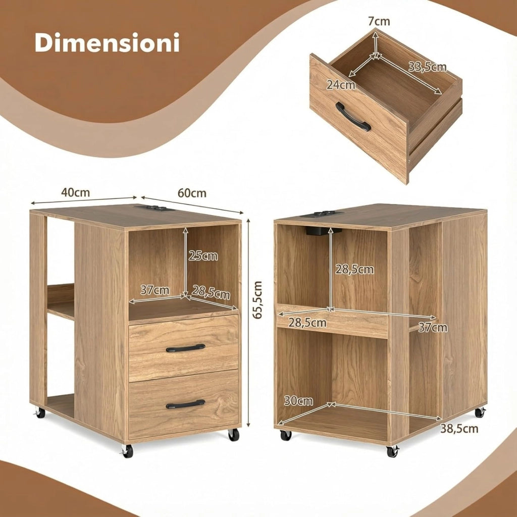 Tavolino Basso Laterale, Tavolino da Divano con Stazione di Ricarica, 2 Cassetti e Ripiani, Tavolo Versaliti per Camera da Letto, Soggiorno e Ufficio, 60 x 40 x 65,5 cm (Naturale)