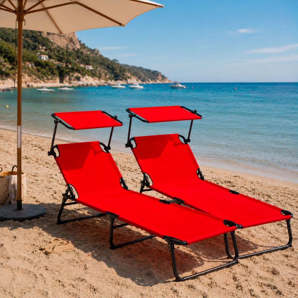 Lettino Pieghevole Con Tettuccio Regolabile Prendisole Parasole Schienale Reclinabile Regolabile Struttura In Metallo Nero Sedia Sdraio Per Spiaggia Mare Giardino Piscina 187 x 53 x 24 Cm Rosso