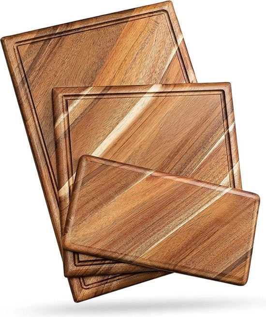 Set di taglieri con foro a sapo (3 pezzi) - taglieri di acacia di lusso per carne (blocco di burro), verdure, formaggio - legno duro naturale al 100%