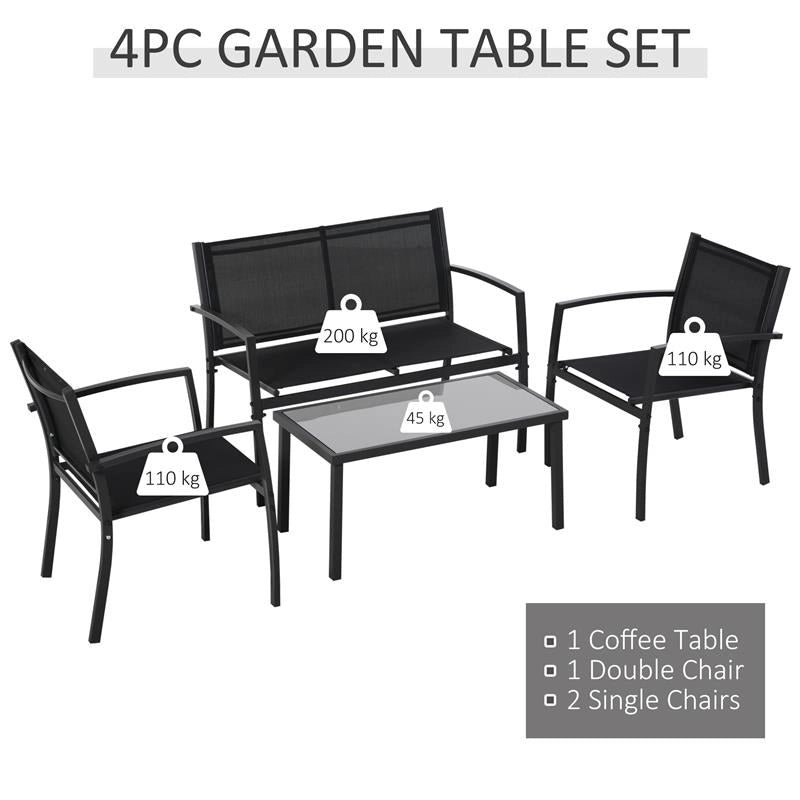 SALOTTO DA ESTERNO, SET 4 PEZZI CON 1 TAVOLINO, 2 SEDIE DA GIARDINO E 1 PANCA IN METALLO, NERO
