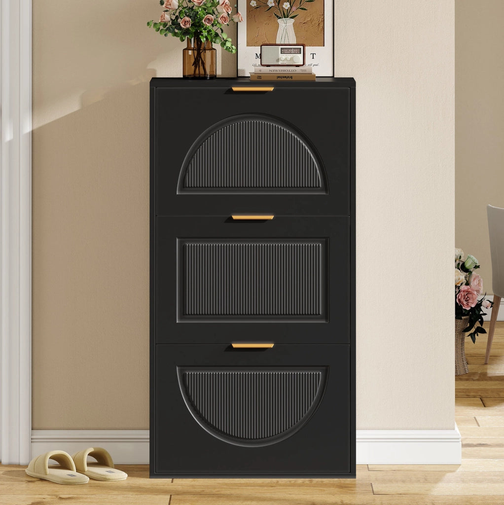 Mobile portascarpe stretto con ribalta; 60x24x114 cm; in MDF e truciolare nero