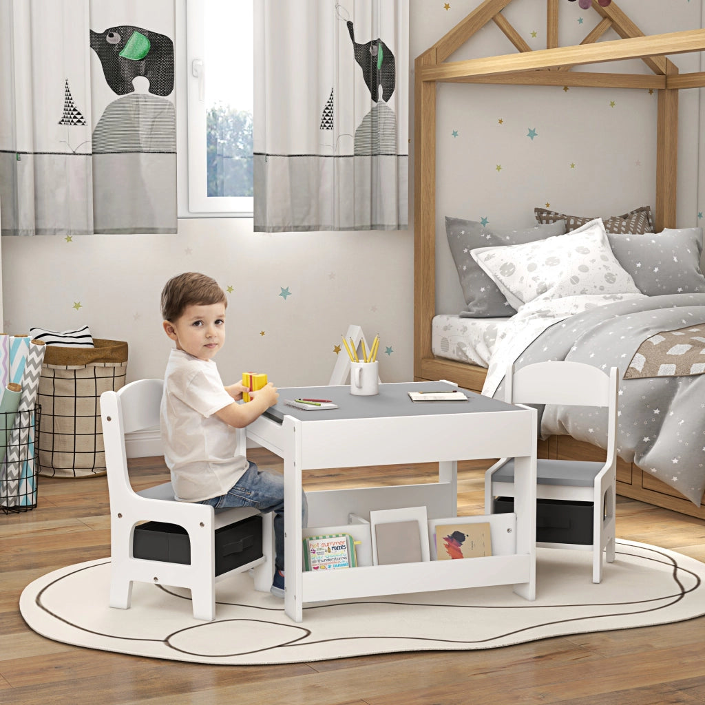 Set Tavolino per Bambini e 2 Sedie. Piano del Tavolo 3 in 1 con Lavagna e Contenitori. Grigio