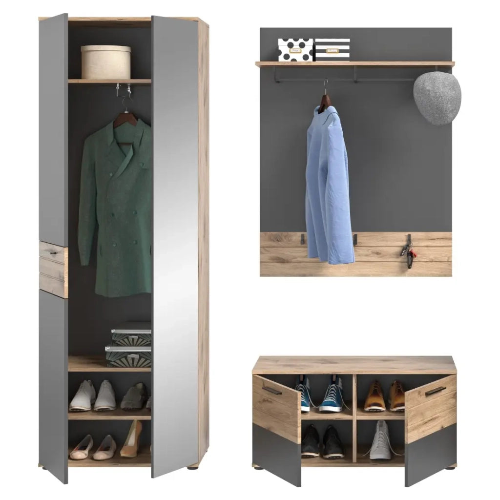 Set di mobili per ingresso: armadio con specchio + mobile per scarpe + specchio - Grigio antracite e rovere chiaro - SELMA