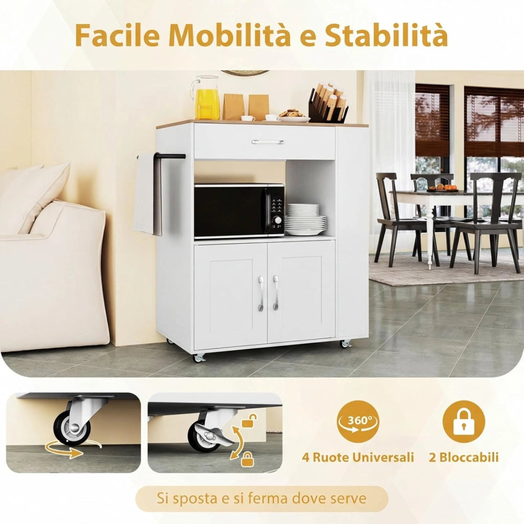 Carrello da Cucina con Ruote, Isola da Cucina con 3 Portaspezie 1 Cassetto Armadietto a 2 Porte, Carrello Portaoggetti con Portasciugamani, 82x46x92 cm (Bianco, con presa)