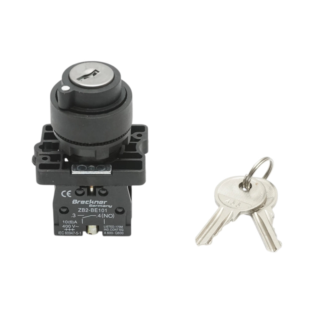 Selettore a 2 posizioni con blocco e chiave 1NO, 400V/10A, LAY5-EG21 Breckner Germany