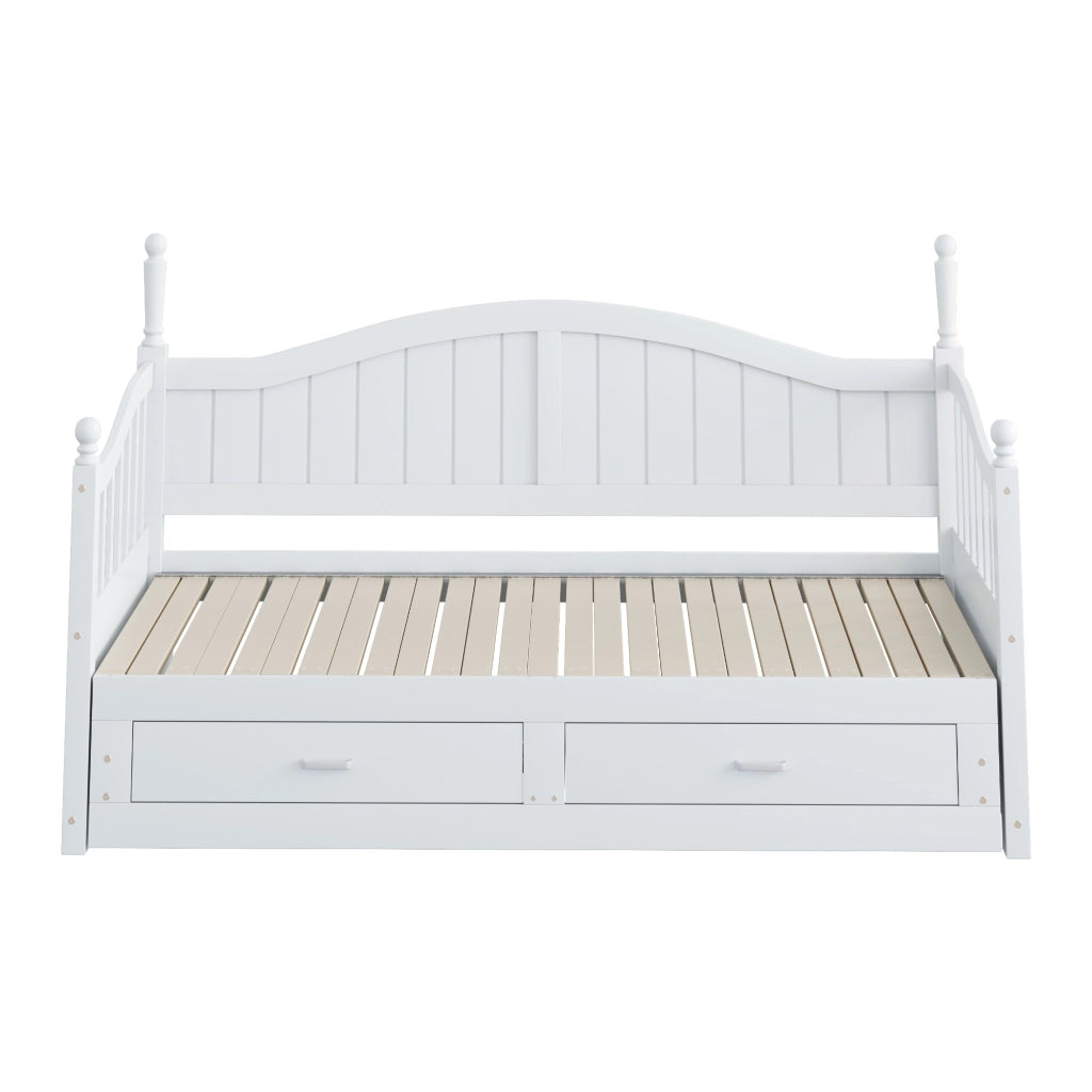 Letto estraibile singolo 90×190 cm e 180×190 cm con 2 cassetti e rete; senza materasso; legno; bianco