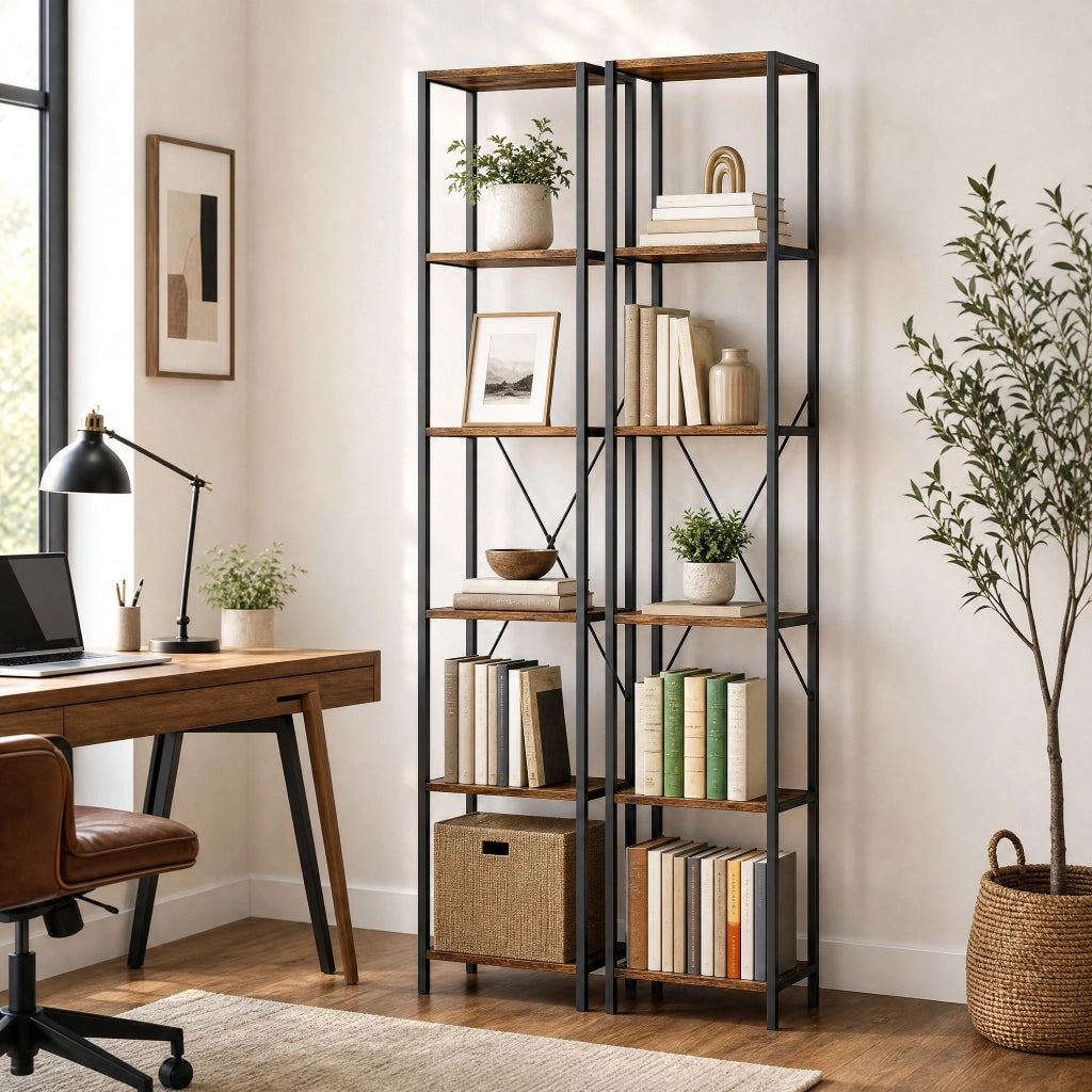 Set di 2 librerie 30x30x174.5 cm con 6 ripiani; struttura stabile in legno; marrone rustico