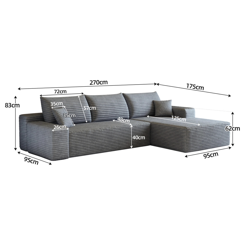 Divano in velluto a coste rigato grigio 270x175x83 cm