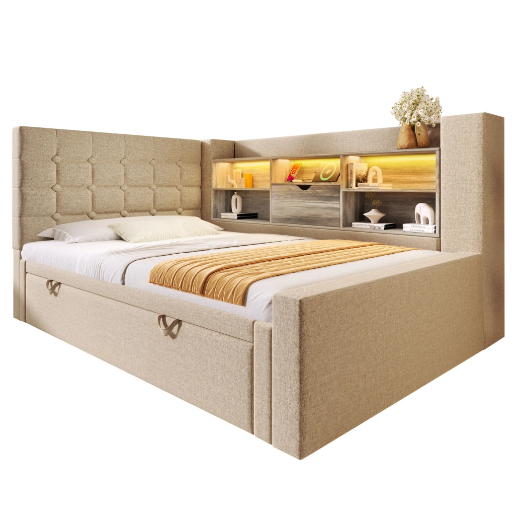 Letto imbottito 90x200 cm con letto estraibile, LED e porte USB in lino beige