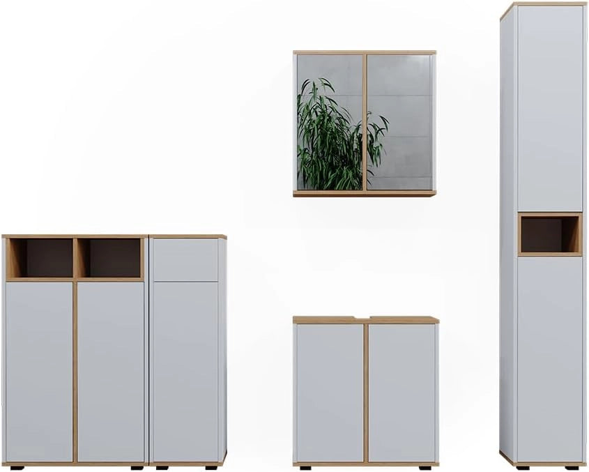 Set mobili bagno Didi, Bianco/Artisan, 60 cm, composto da set con armadietto a specchio, base lavabo, 2 pensili medi e colonna