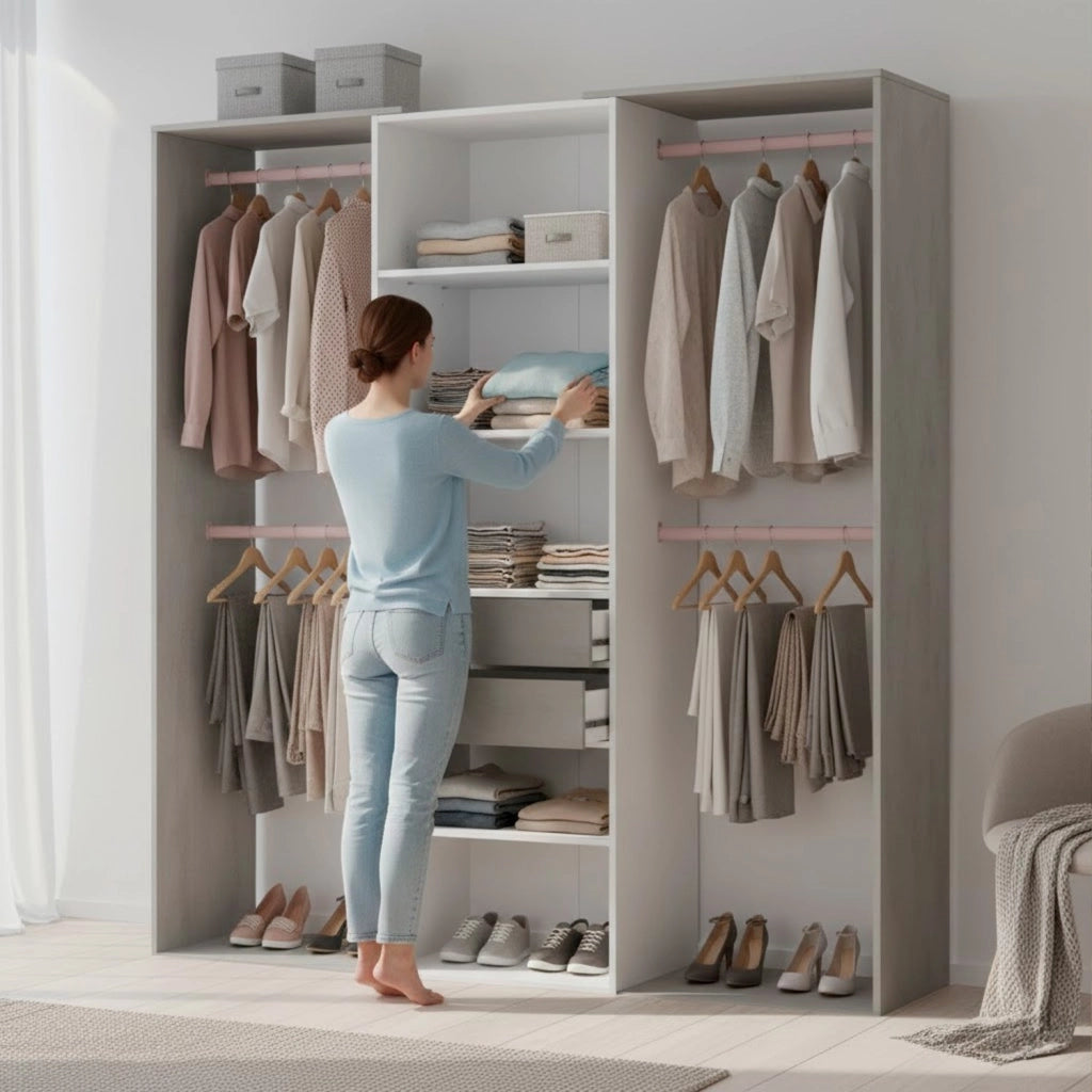Armadio Guardaroba Da Terra Senza Porte Con 4 Barre Appendiabiti 4 Ripiani E 2 Cassetti Design Salvaspazio Per Camera Da Letto Cabina Armadietto 203 X 50 X 179 Cm Bianco Opaco Grigio Cemento