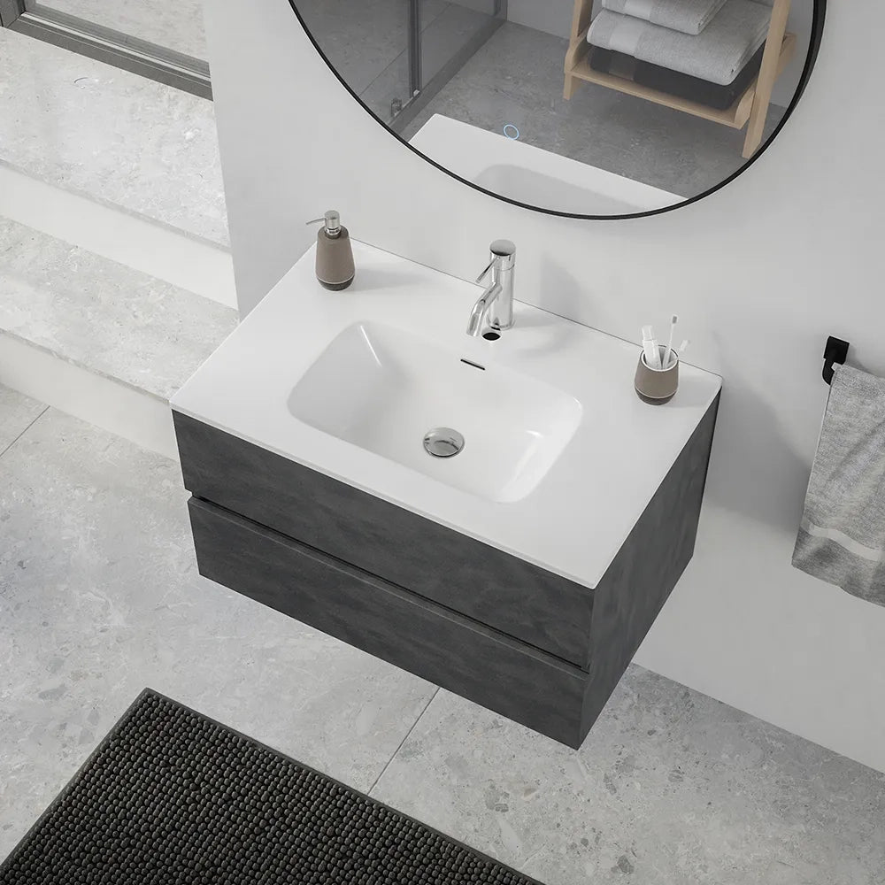 Mobile da bagno sospeso 90 cm effetto cemento scuro con lavabo| Yili