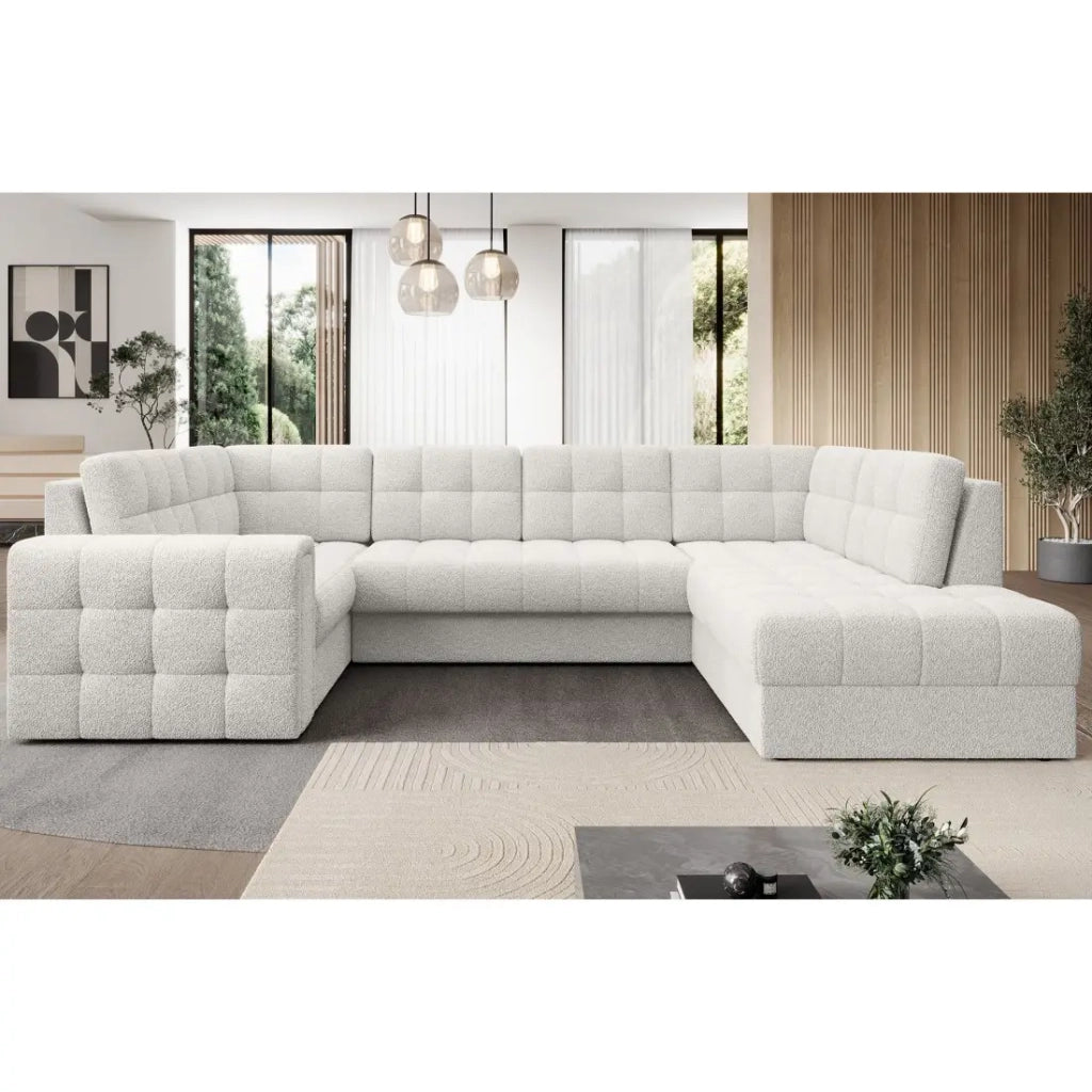 Divano ad angolo convertibile MONTEZA bianco bouclé 299 cm con vano contenitore e letto