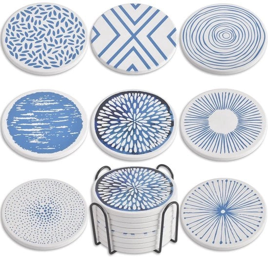 Sostegni per bicchieri, Set di 8 sottopanchetti assorbenti in ceramica con contenitore in metallo, Sottopanchetti eleganti e semplici per tavoli salotto, Ideali come regali per l'aperitivo