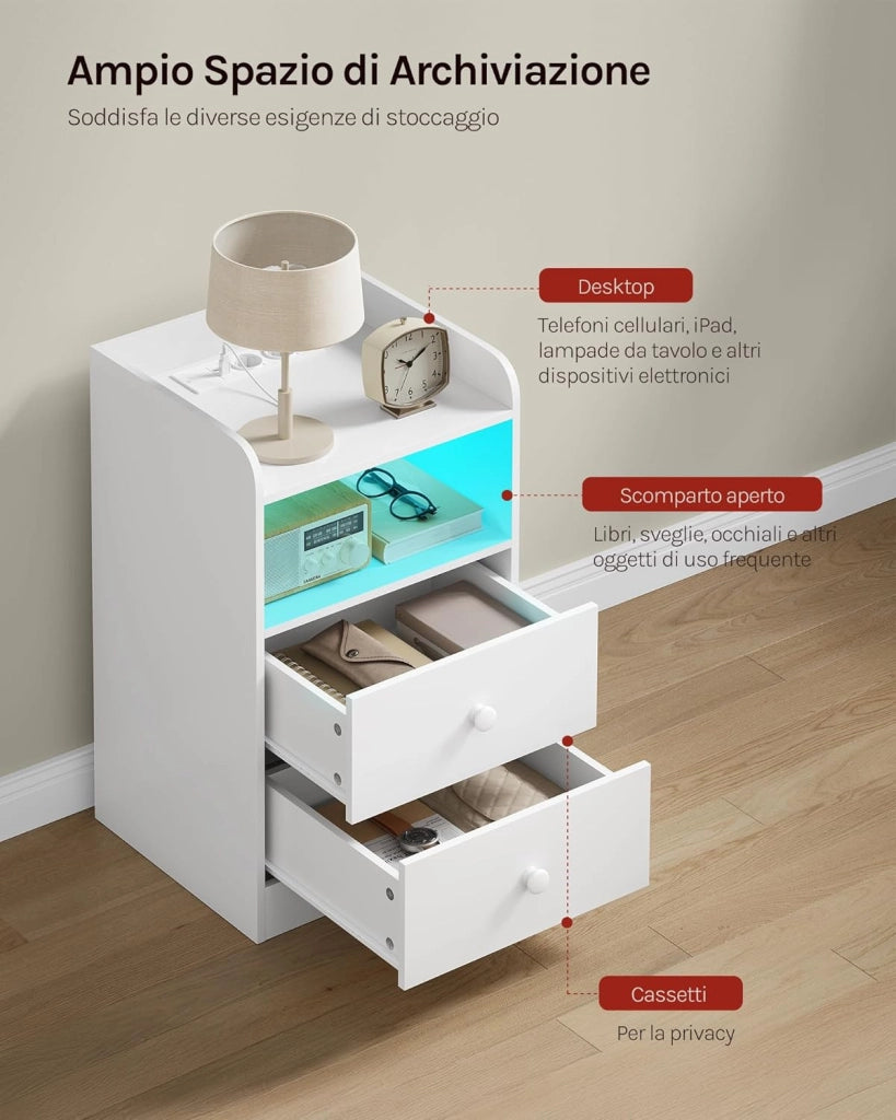 Set di 2 Comodino con Stazione di Ricarica, Prese, Porte USB, Tavolino con Luci LED Regolabile, Cassettiera con Cassetti e Scomparto, 40x35x64cm, per Camera da Letto, in Legno, Bianco NTS07ws-2