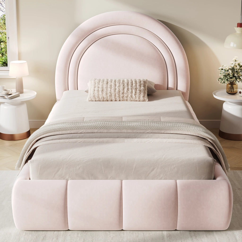 Letto Singolo Contenitore Imbottito ¨C MINIMAL ¨C Velluto Rosa 90x200, Testiera, Rete a Doghe, Idraulico