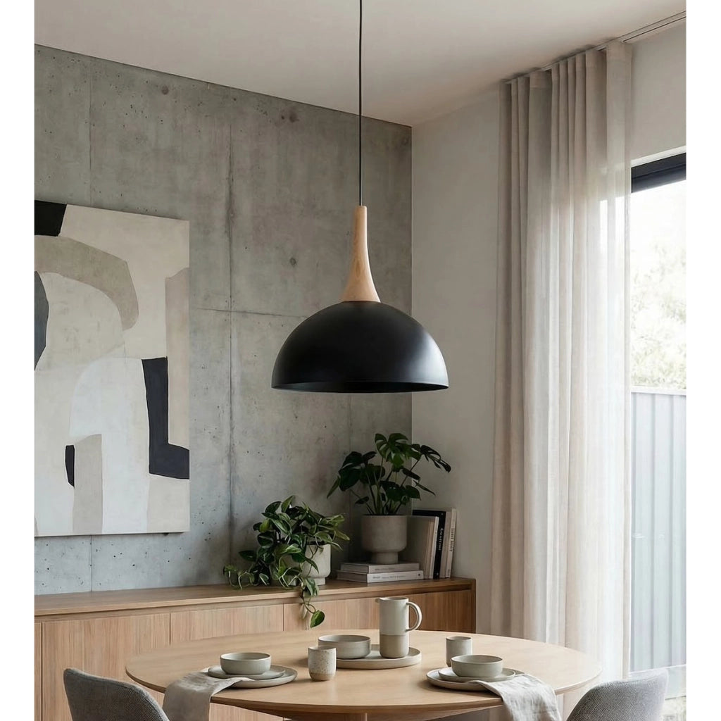 Lampada a sospensione Nautica in acciaio nero opaco e legno
