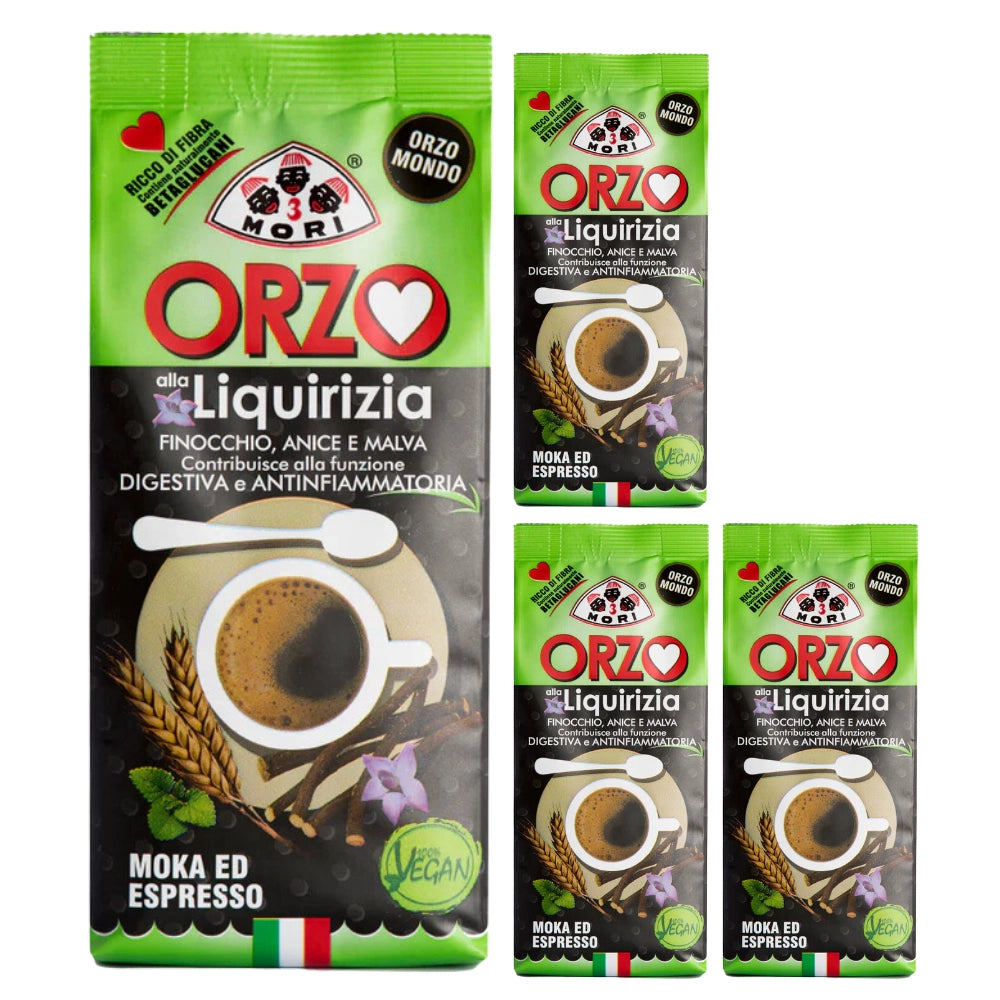 Tre mori orzo mondo alla liquirizia macinato per espresso e moka 4 da 250 grammi