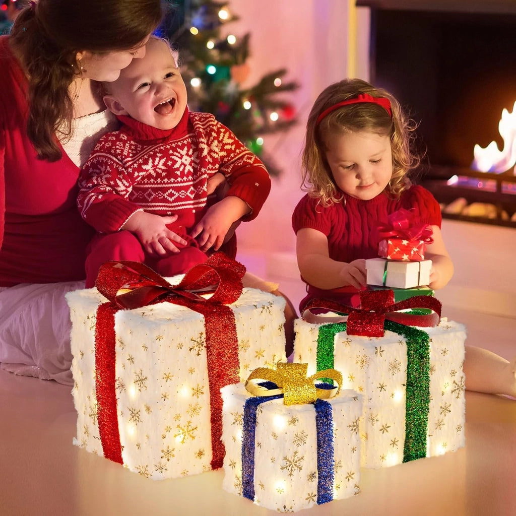 Set di 3 Scatole Regalo Illuminate per Natale, Decorazione Natalizia Pre-illuminata con 48 Luci Calde e Luminose, per Casa e Giardino (Bianco)